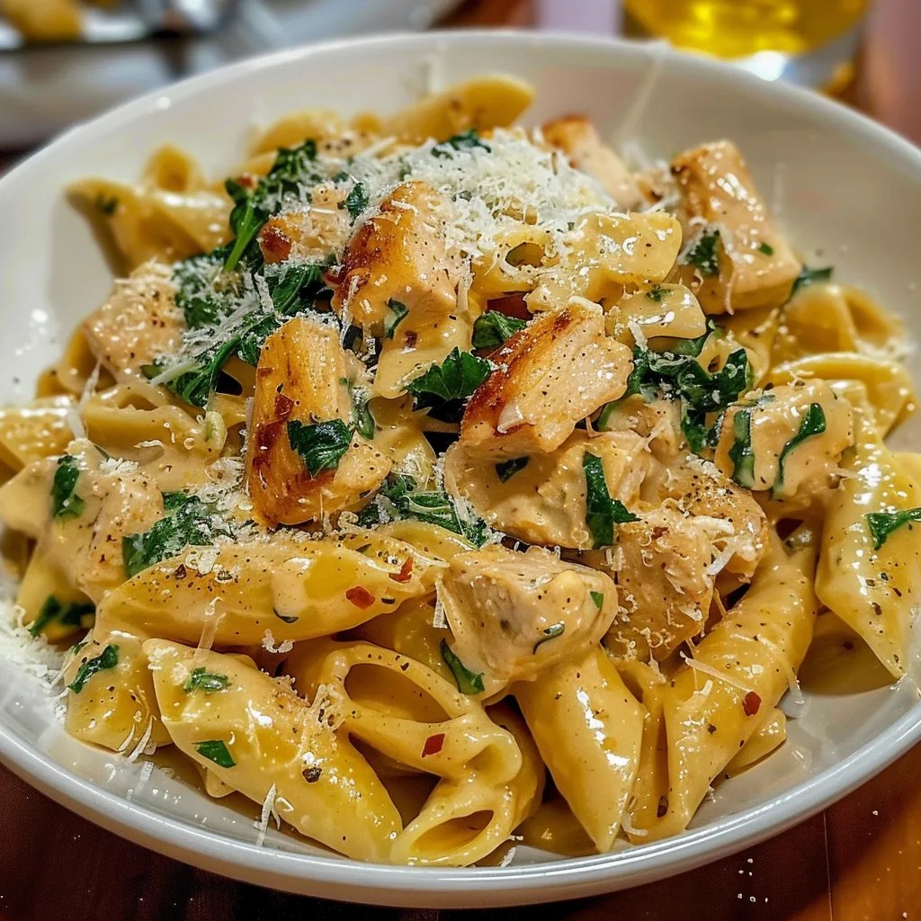Pasta con pollo al ajillo y parmesano