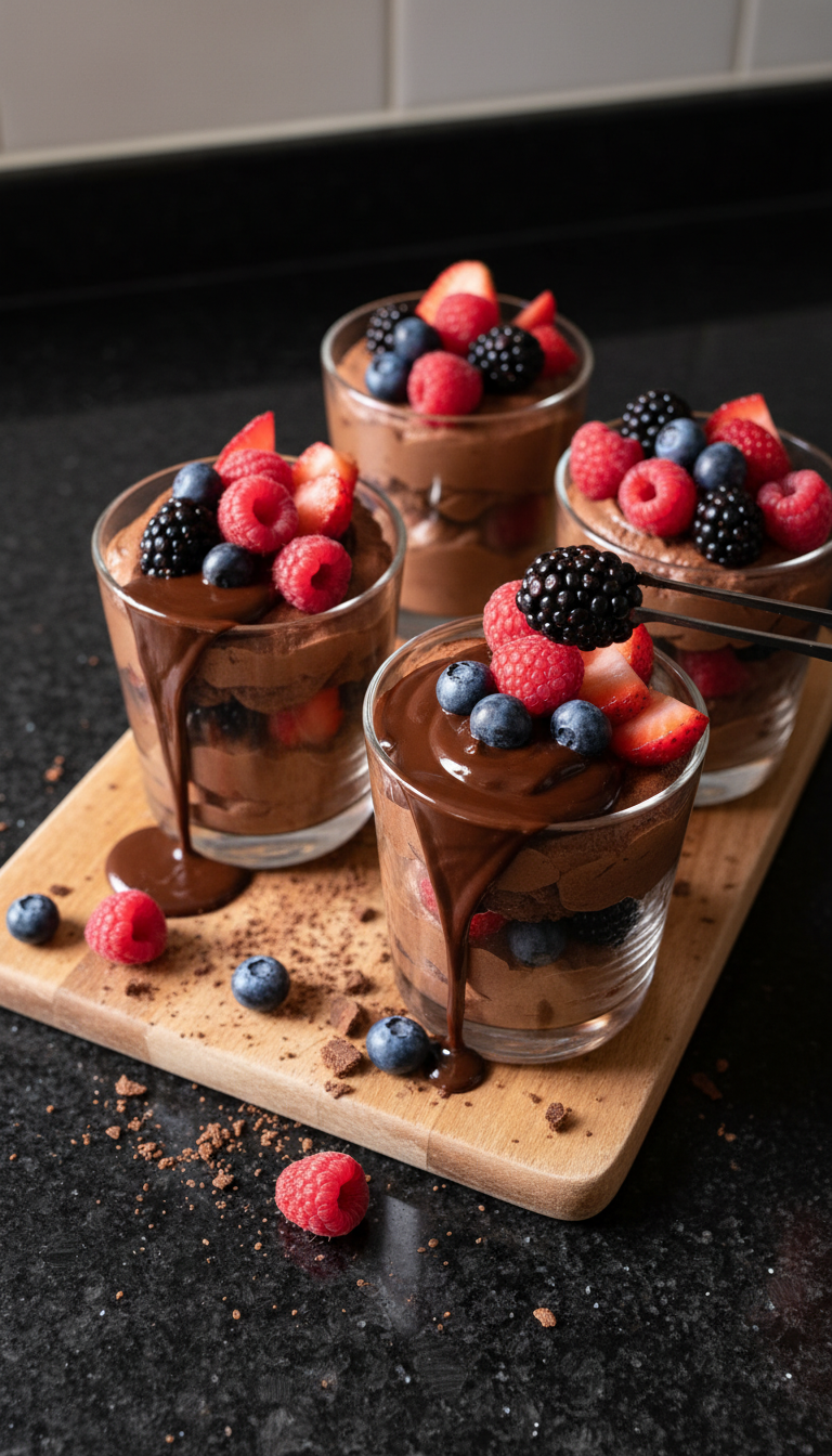 Copas de chocolate cacao y bayas