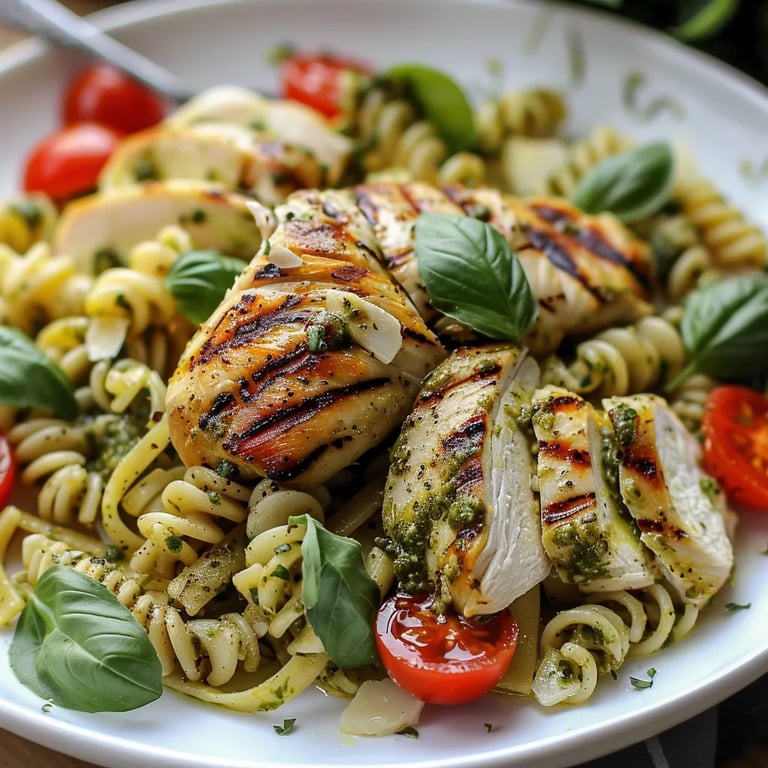 Ensalada de pasta con pollo al pesto fácil
