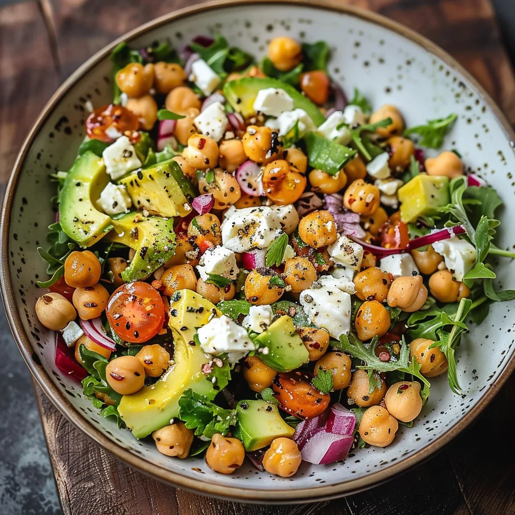 Ensalada de garbanzos, feta y aguacate