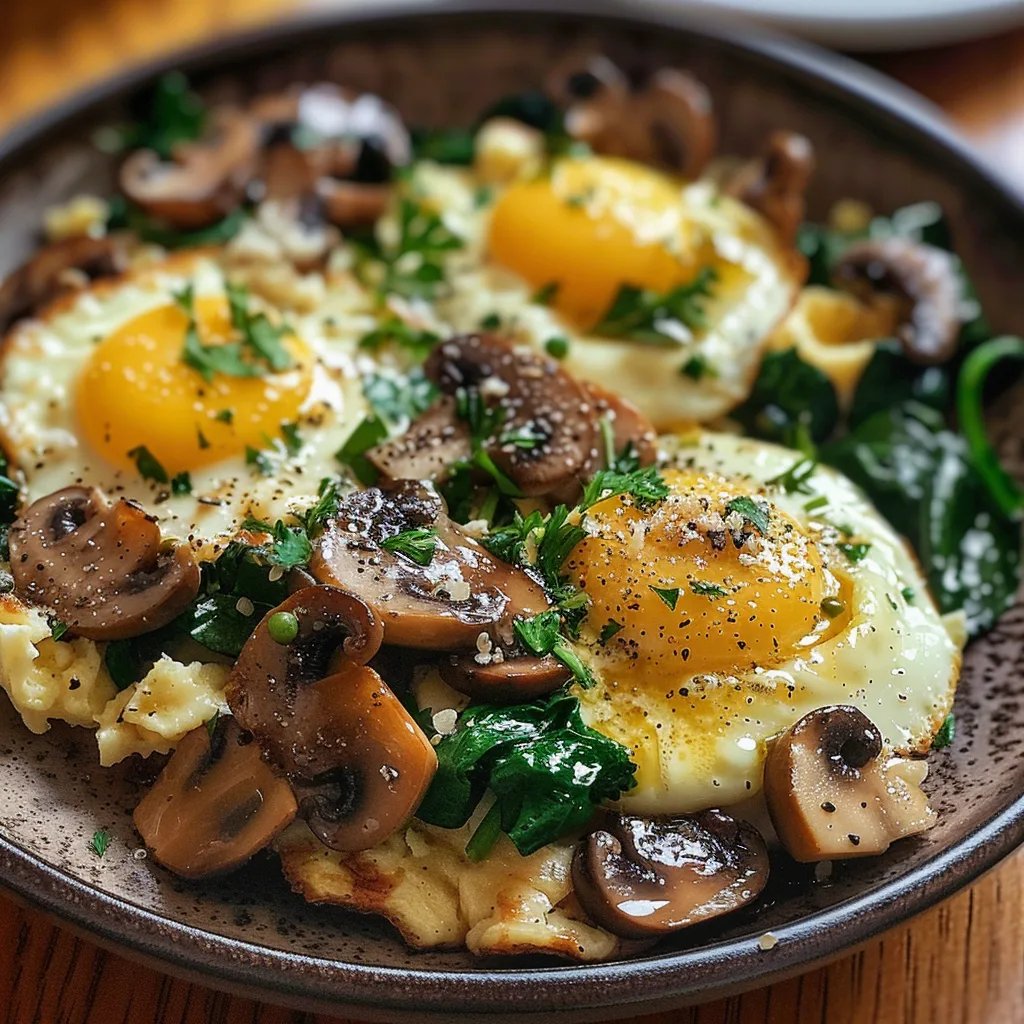 Huevos revueltos con champiñones y espinacas
