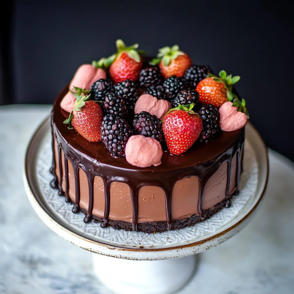 Tarta de trufa de chocolate oscuro con fresas